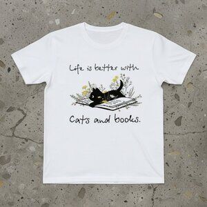 Life Is Better With Cats And Books Tee | Cat Lover Bookworm Shirt